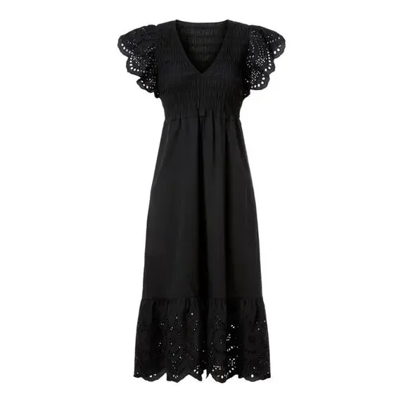 Rails Black Eyelet Midi Dress SMALL Smocked Cottage Ruffle Cotton Designer $268 - Picture 4 of 11